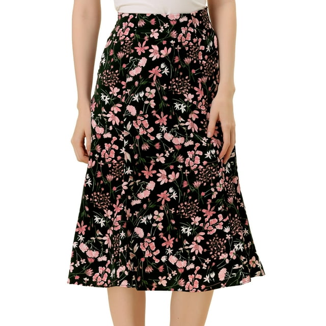 Unique Bargains Jupe Paysanne pour Femme à Taille Élastique, Ligne A, Midi, Imprimé Feuilles, Noir, G