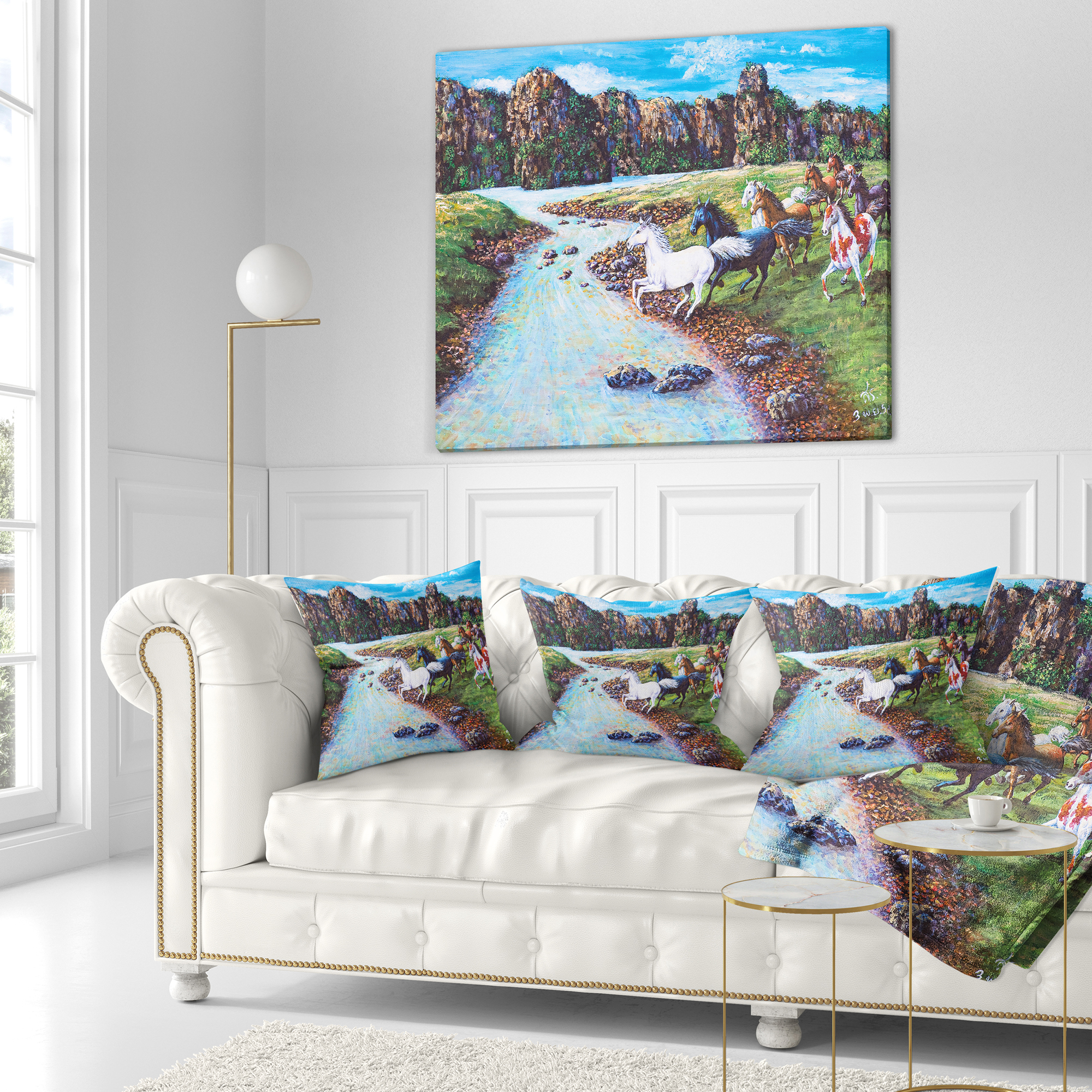 Designart Horses Crossing the Stream - Landscape Painting Throw Pillow - 16x16