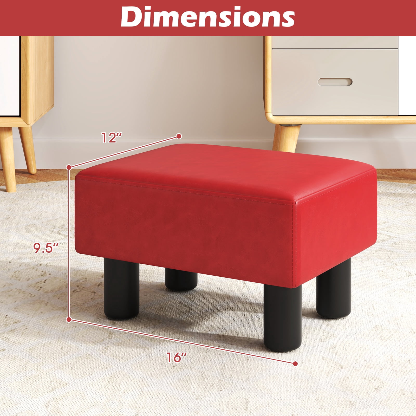 Giantex Foot Stool Ottoman, PU Leather Footrest, Padded Rectangle Footstool, Small Sofa Step Stool, Red
