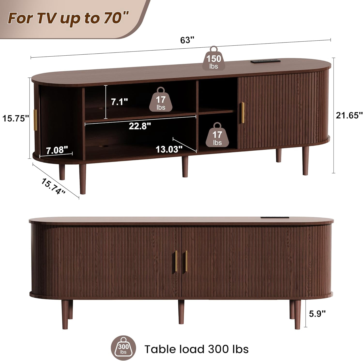 63 Inch Mid-Century Modern TV Stand with Power Outlet and Sliding Doors, Entertainment Center with Adjustable Storage Shelves, for TVs up to 70 Inches, Walnut