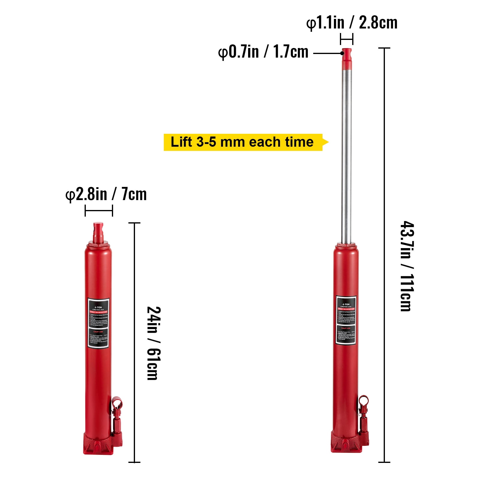 KFFKFF Hydraulic Long Ram Jack, 4 Tons Capacity, Single Piston, Flat Base, Manual Operation, Suitable for Garage Cranes, Engine Hoists, Red