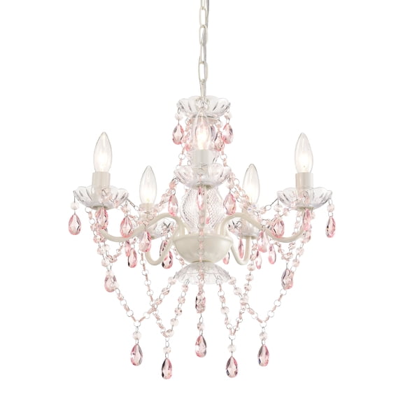 Small Pink and White Girls Bedroom Light – 5-Light Modern Acrylic Crystal Ceiling Fixture, Mini Chandelier for Kids Room Dining Room