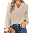 thumbnail image 1 of Cárdigan, Camisa de mujer de manga larga con cuello en V volantes botones elegante blusa informal Meterk Beige/Medio, 1 of 7