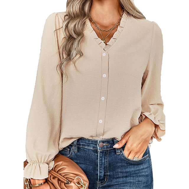 Cárdigan, Camisa de mujer de manga larga con cuello en V volantes botones elegante blusa informal Meterk Beige/Medio