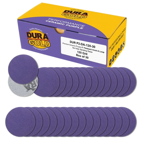 Dura-Gold Premium 120 Grit 2" Purple Film Ceramic Sanding Discs, Box of 30 - Hook & Loop Backing Sandpaper for DA Sander, Drill, Grinder, Rotary Tool - Sand Auto Body Paint, Metal, Wood, Woodworking