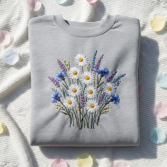 Large Wildflower Bouquet Embroidered Sweatshirt, Cornflower Daisy Lavender Floral Crewneck, Meadow Flower Embroidery