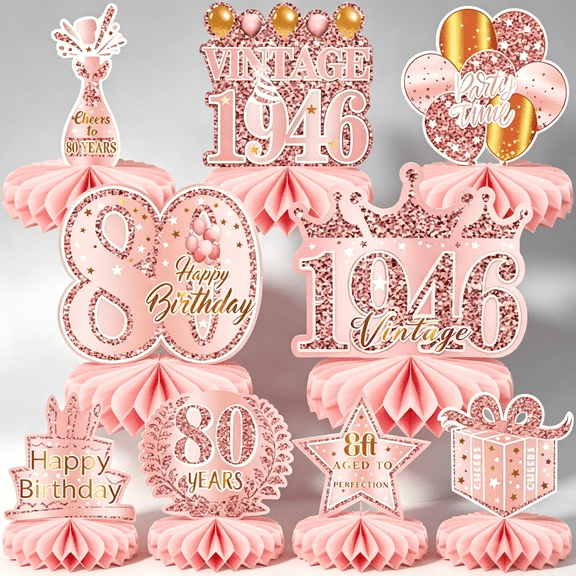 9 Pcs 80th Birthday Decoration for Women Happy 80th Birthday Table Honeycomb Decorations Rose Gold Pink Centerpieces Tables Toppers1946 Decor Cheers to 80 Years Old Birthday Party Favors