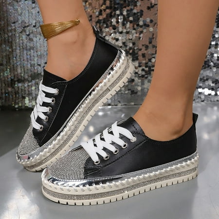 Going Outfits - Women s Rhinestone Decor Sneakers  Casual Lace Up Outdoor Shoes  Comfortable Low Top Shoes-35