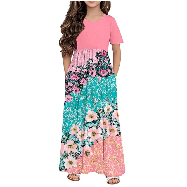 Robe Décontractée pour Filles avec Poches et Imprimé Floral, Manches Courtes Col Rond Jupe Longue pour 4-14 Ans, Tissu Polyester Respirant