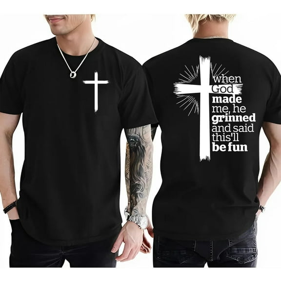 “When God Made Me” Funny Christian T-Shirt – Humorous Faith Tee with Brush Stroke Cross for Believers with Personality