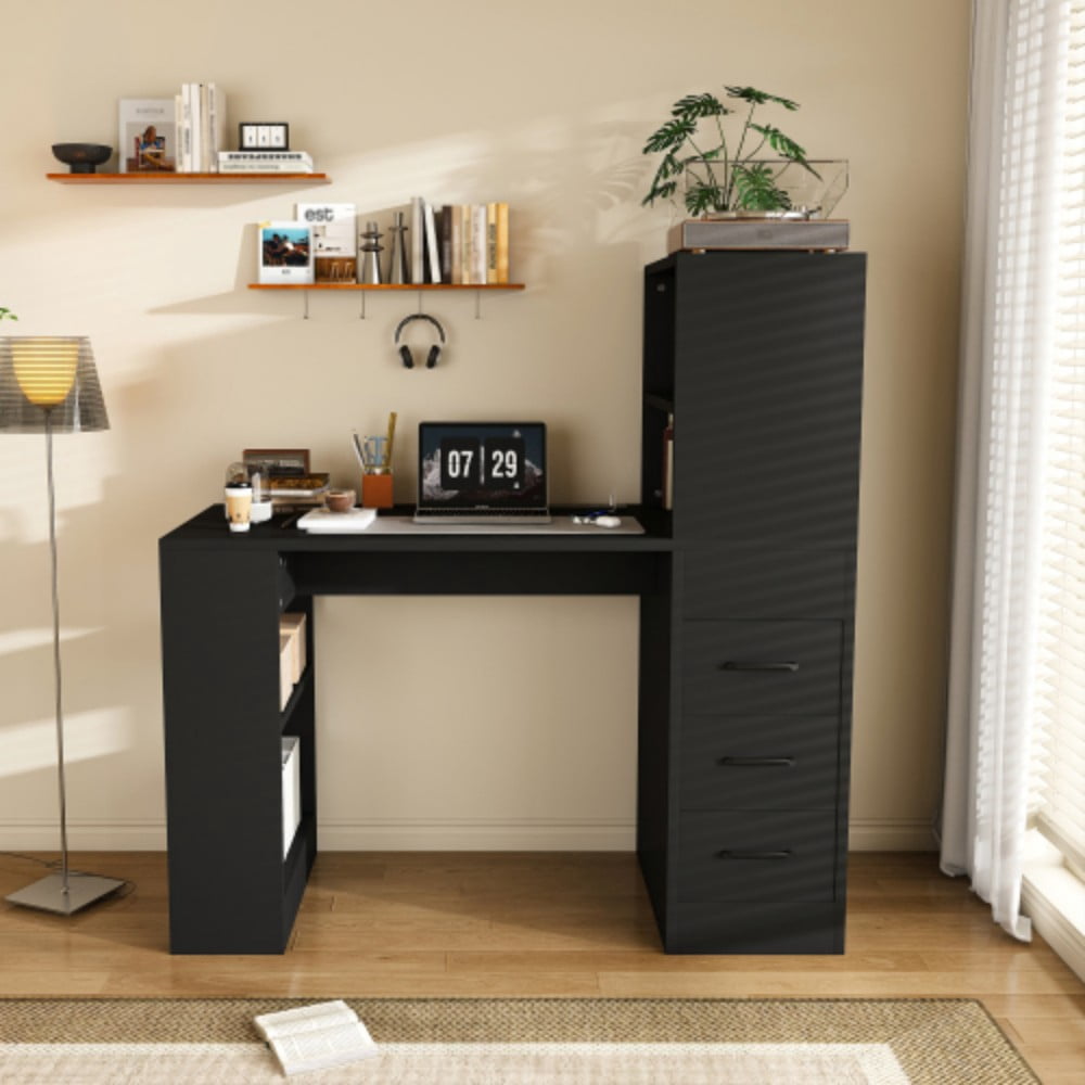 Computer Desk with 4-in-1 Charging Station, 3 Drawers & 4-Tier Storage, Modern Wooden Writing Desk for Home Office, Study & Gaming, Black