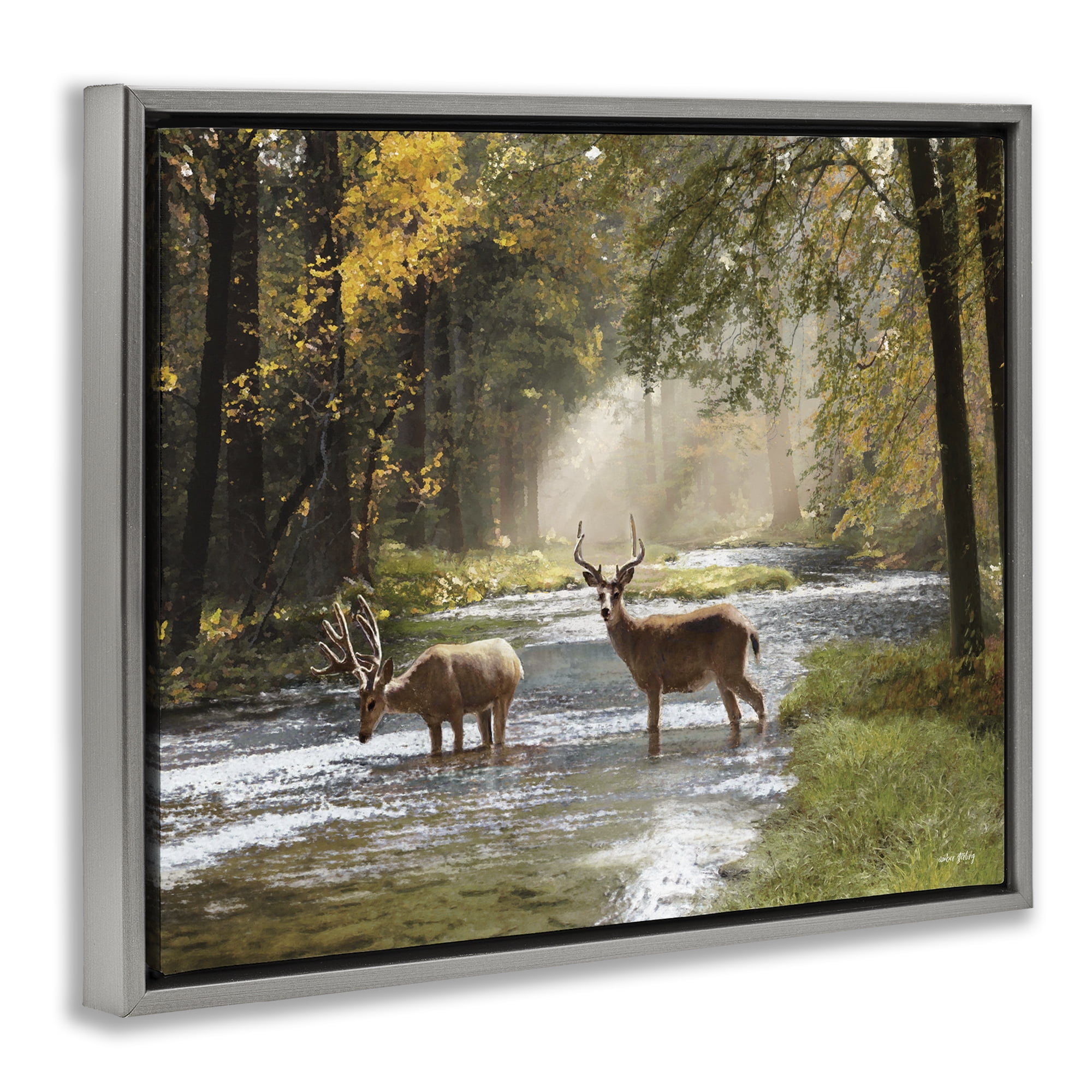 Stupell Industries Deer Grazing in Creek Landscape Painting Gray Floater Framed Art Print Wall Art, 31 x 25