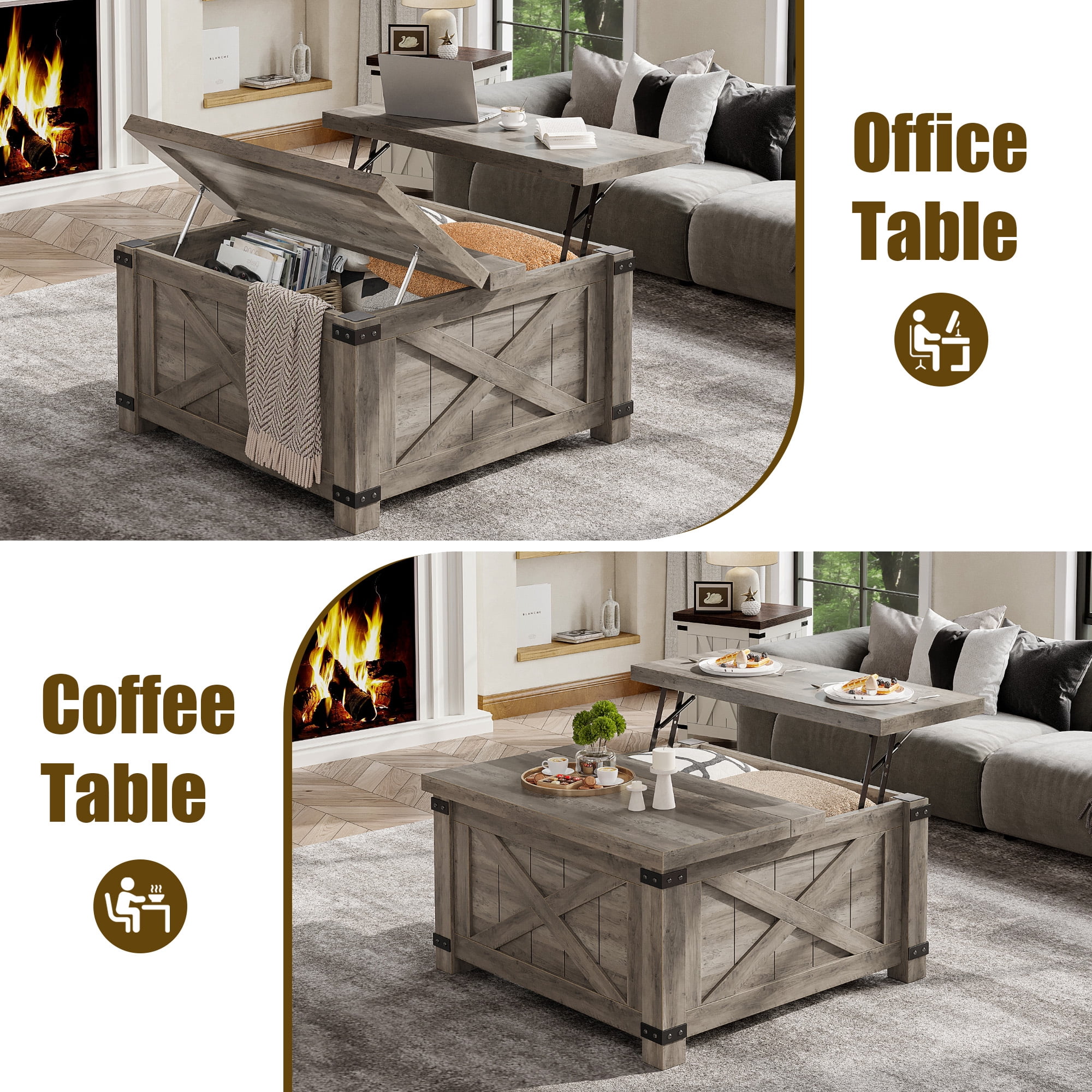 Romorgniz 35.7" W Square Lift Top Coffee Table Farmhouse Coffee Table with Large Hidden Storage Wooden Center Table for Living Room, Grey