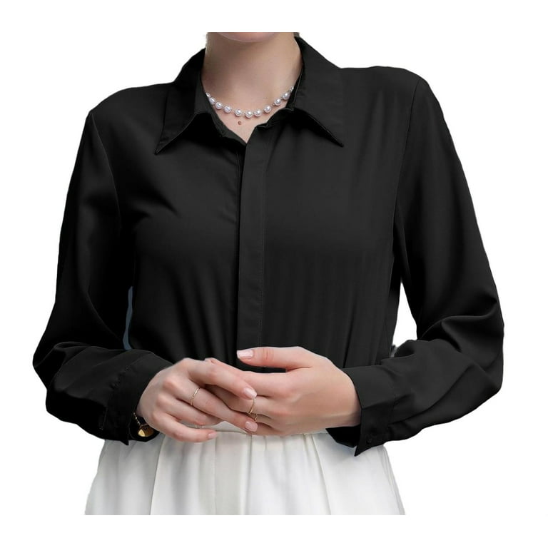 Womens Blouse Tops Solid Hidden Button Placket Shirt Black S