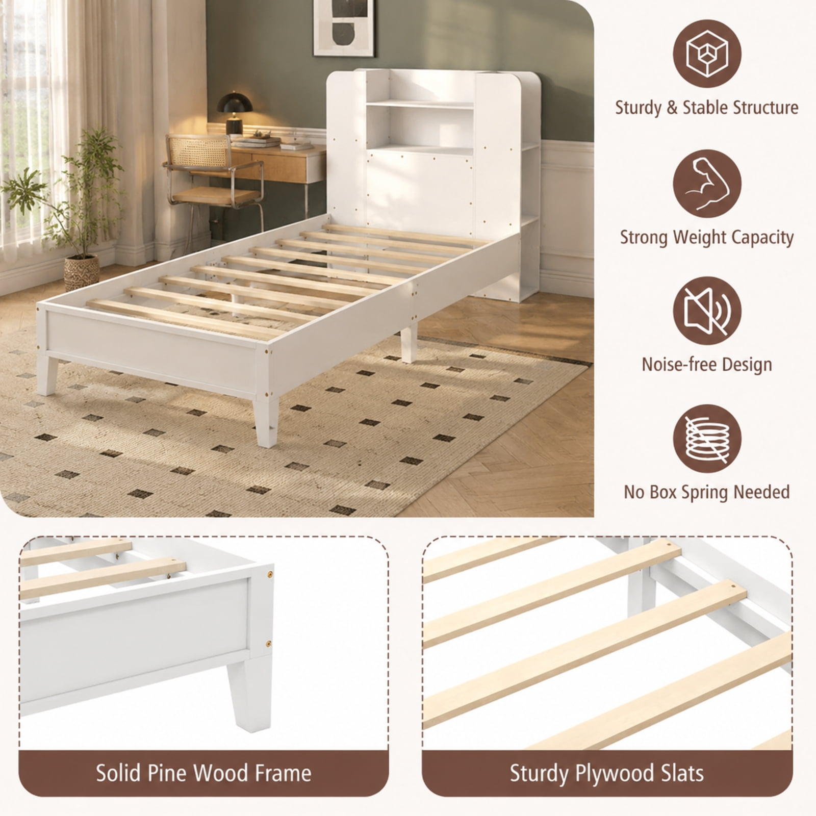 Furnibear Twin Platform Bed Frame with Built in Bookcase Headboard 2 Tier Shelf 6 Open Compartments Solid Wood Slats and No Box Spring Needed, White