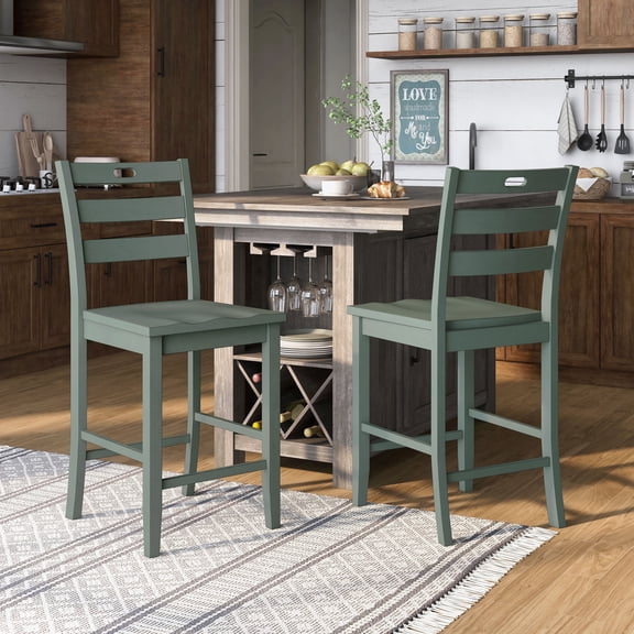 Rangel Ladder Back Solid Wood Counter Height Dining Chairs, Set of 2, Antique Green
