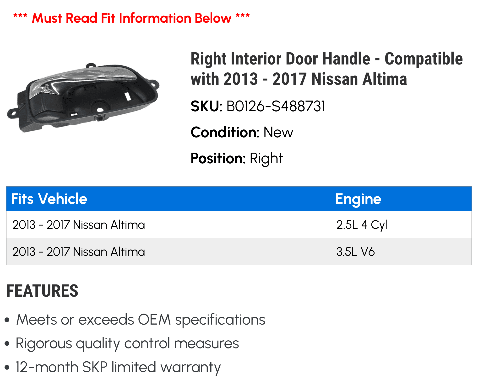 Poignée De Porte Intérieure Gauche Pour Nissan Altima 2013-2017 - Finition Chrome - Neuf