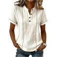 thumbnail image 2 of Women's Stripe Button V-Neck Fashion Casual T-Shirt Short Sleeve Regular Fit Spring Summer Daily Top Beige 3XL, 2 of 4