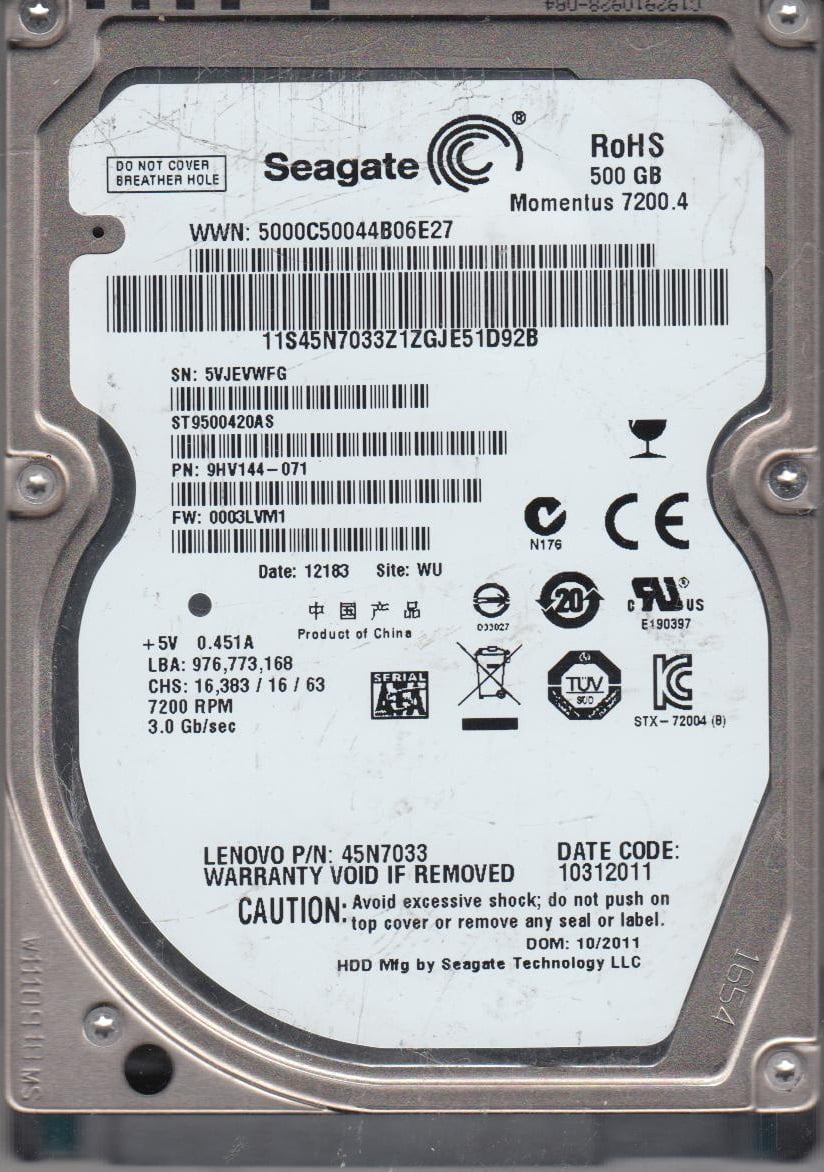 ST9500420AS, 5VJ, WU, PN 9HV144-071, FW 0003LVM1, Seagate 500GB SATA 2.5 Hard Drive