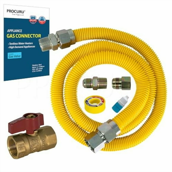 PROCURU 1" OD x 48" (4Ft) x 3/4"MIP x 3/4"FIP Universal Gas Flex Connector Kit with Gas Valve, Weatherproof MaxFlow Stainless Steel Tubing for Tankless Water Heater (Blue B1 Series)