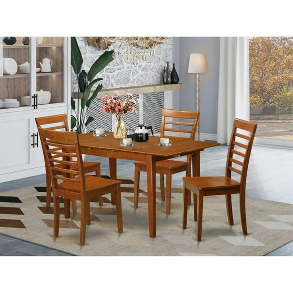 East West Furniture Picasso 5-piece Wood Dining Table and Chairs in Saddle Brown