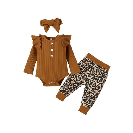

Canrulo Newborn Baby Girls Fall Clothes Ruffle Ribbed Knit Romper+Leopard Print Pants+Headband Outfits Brown 6-12 Months