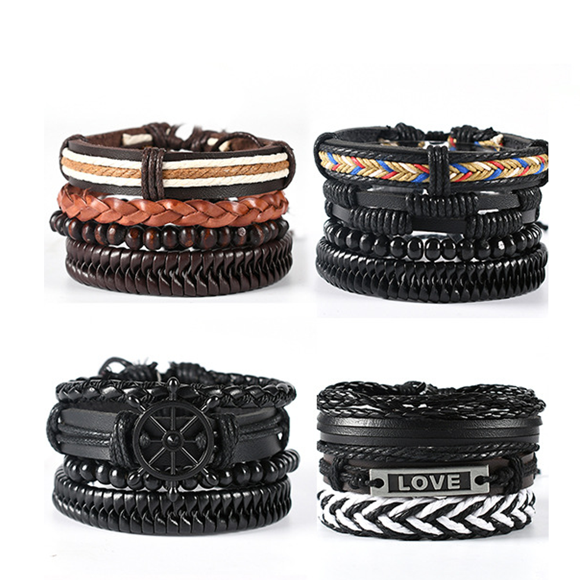 Jinsinto Set of 4 men's women's leather bracelets woven cuff bracelets tree of life bracelets vintage adjustable black brown