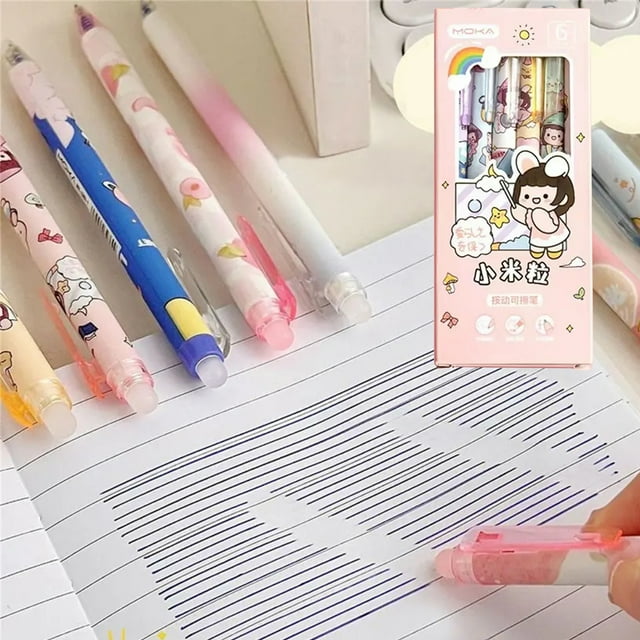 TFixol 0.5mm Cartoon Erasable Gel Pen with Press Mechanism, Blue Ink, Ideal for Students and Gifts, 6PCS Set