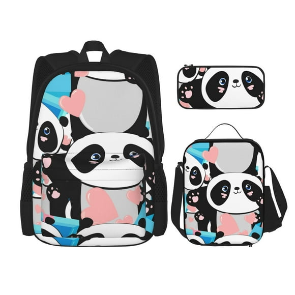 Disketp Panda Cute Pink Hearts Mochila Estampada de Gran Capacidad con Lonchera y Estuche, Set de 3 Piezas para Estudiantes