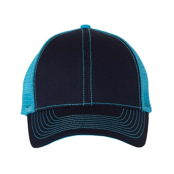 Mega Cap Heavy Cotton Twill Front Trucker Cap - Navy/Turquoise
