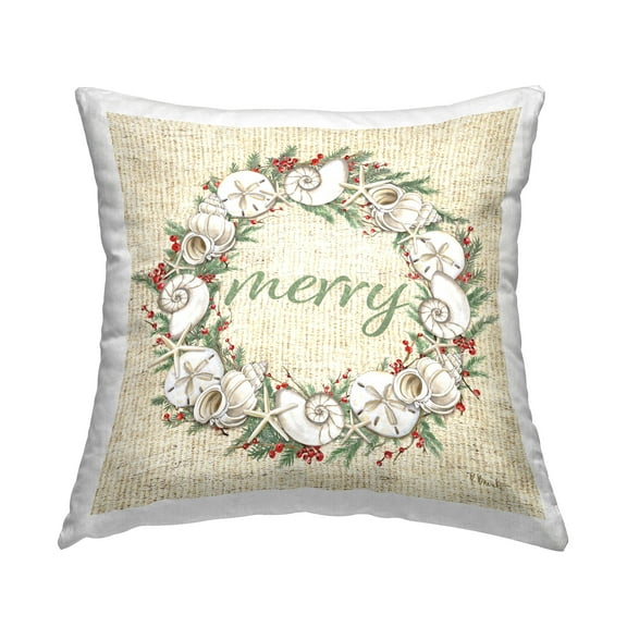 Stupell Industries Shells & Holly Merry 18" x 18" Holiday Abstract Polyester Throw Pillow, Zip Closure 1 Count