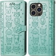 thumbnail image 4 of for iPhone 14 Pro PU Leather Flip Wallet Case, Cat Dog Cartoon Cute Style with ID Card Holder Phone Cover Case for Apple iPhone 14 Pro MG Green, 4 of 12
