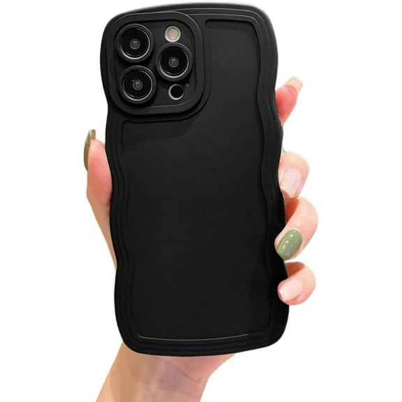 Cute Curly Bezel Big Wave Phone Case, Macaron Colour, Small Fresh Style, Solid Colour, for iPhone 15 14 13 12 11 Pro Max Mini XS XR X 7 8 Phone Case (Black,iPhone 15)
