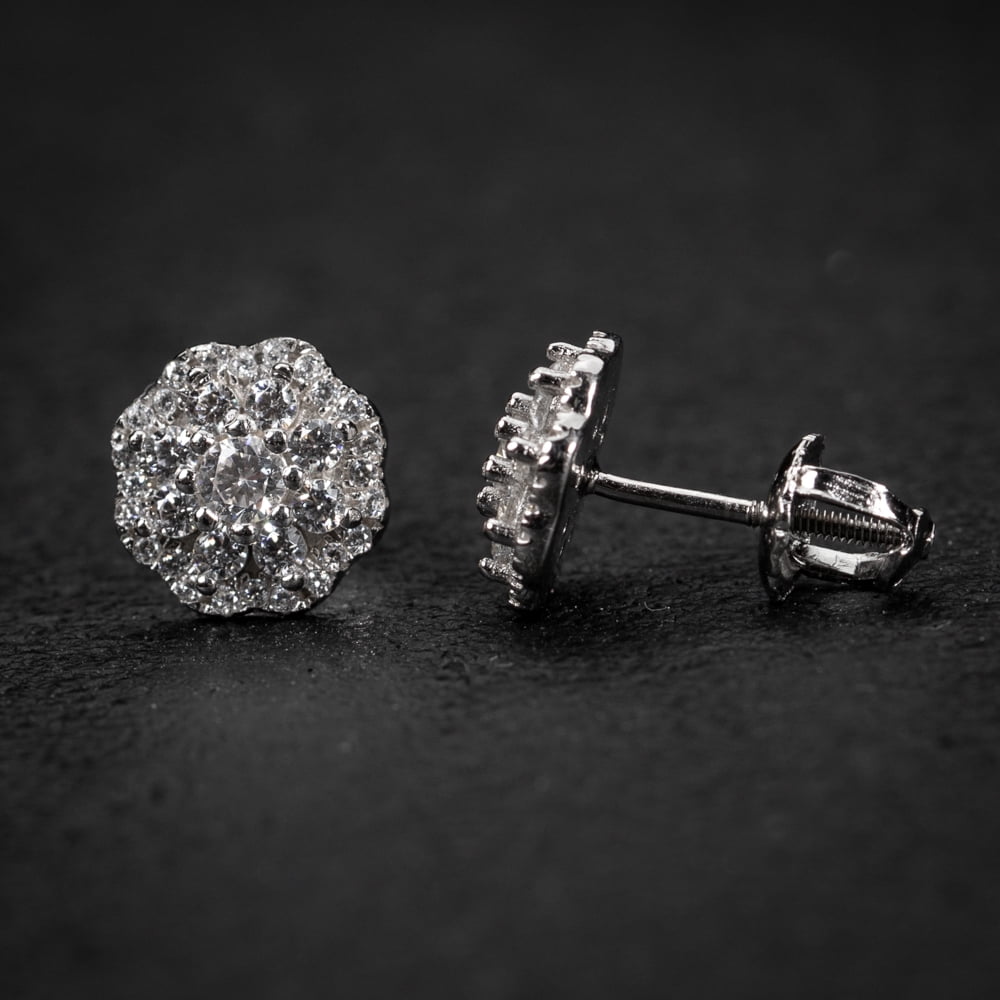 White Gold Plated 925 Sterling Silver Screw Back Post Iced Cz Round Flower Cluster Hip Hop Round Honey Comb Set Stud Earrings