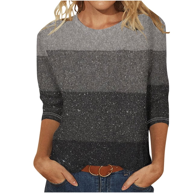 FAIWAD Hauts d'Été à Manches 3/4 pour Femmes, T-Shirt à Col Rond Imprimé Rayé, Blouse Ample Grande Taille