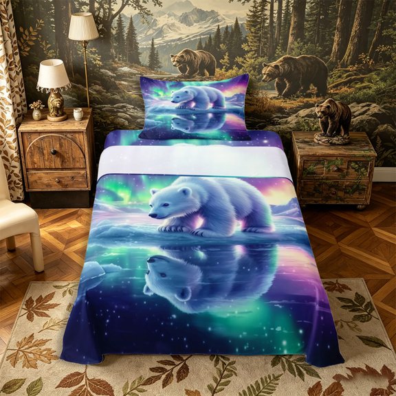 Castle Fairy Wildlife Aurora Polar Bear Twin Sheets 3pcs for Teens,Icy Lake Snow Mountain Bedding,Mint Purple White,1 Fitted Sheet, 1 Flat Sheet and 1 Pillowcase