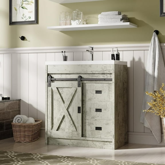 DreamCurship Bathroom Vanity with Sink Combo, Bathroom Storage Cabinet with Drawers, Farmhouse Bathroom Vanity Cabinet with Sliding Barn Doors, Gray