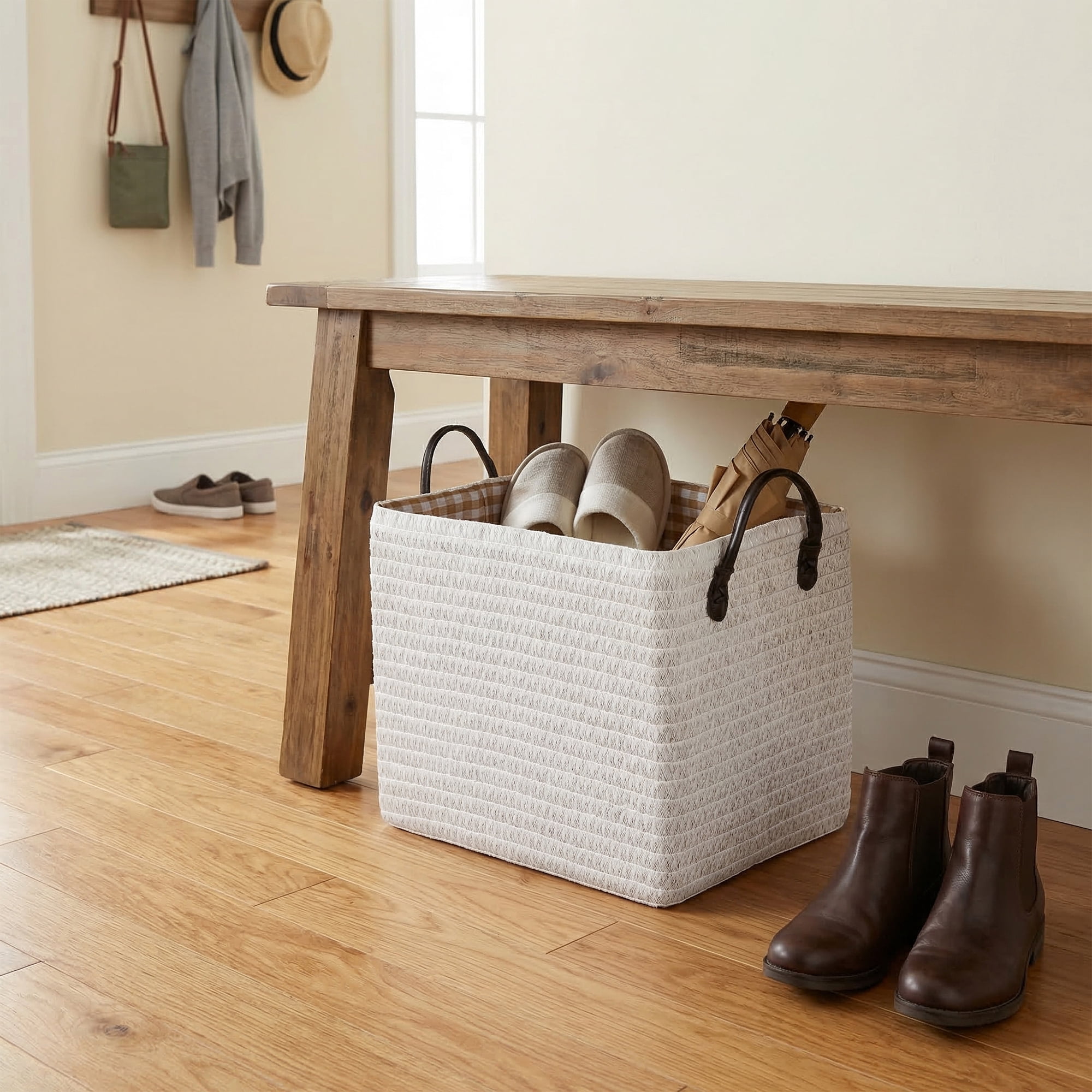 Unique Bargains Compactable Woven Storage Basket Storage Bin White 13.8*10.2*11.8in