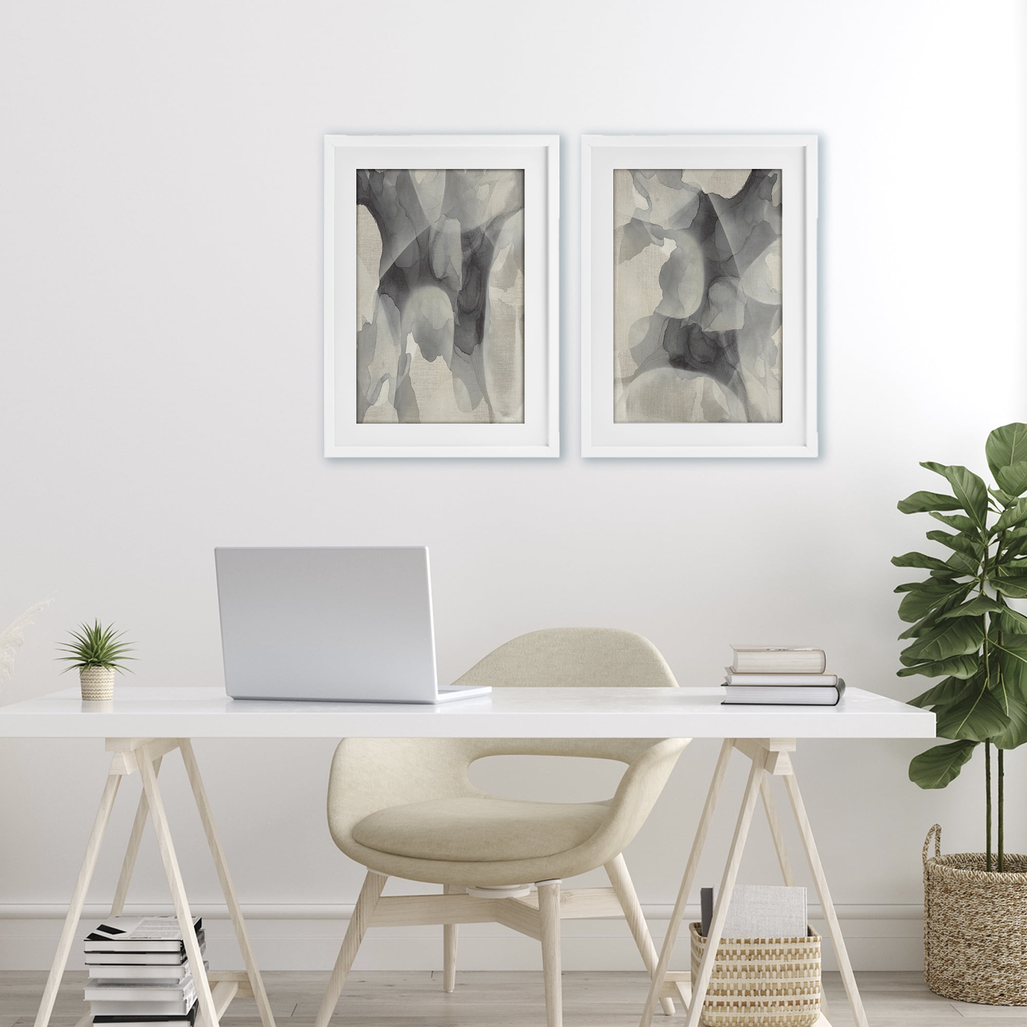 Stupell Industries Mottled Fluid Monochrome 2 Piece White Framed Print Under Glass Set, design by Kippi Leonard