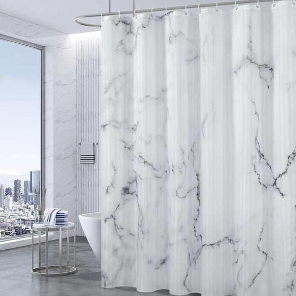 Grey White Marble Shower Curtain Set,with 12 Hooks, Waterproof Fabric, 71" W X 71" L
