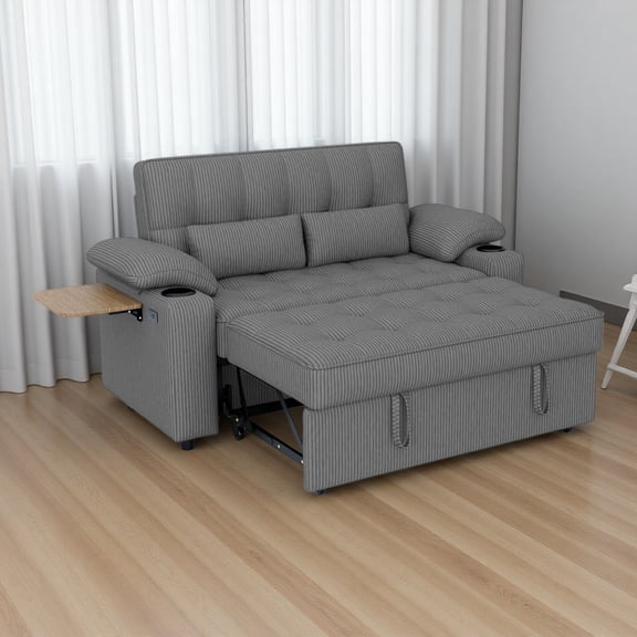 Vinform 3 in 1 Sleeper Sofa Bed, 58" Convertible Loveseat with Foldable Side Tray Table, USB Ports and Cup Holders for Apartments, Corduroy, Dark Gray