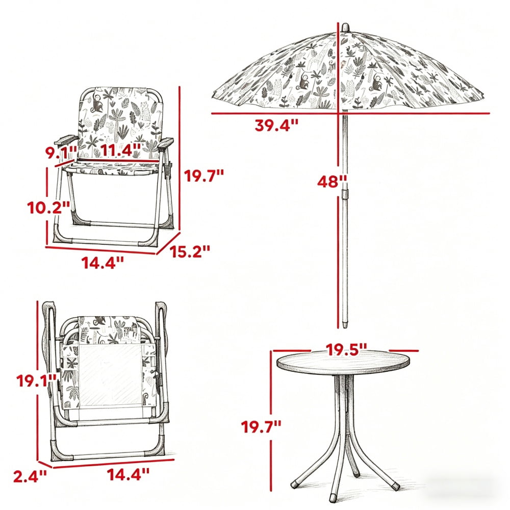 4-Piece Kids Play Set - Foldable Table, Chairs & Umbrella with Monkey/Giraffe Design, Green/Yellow/White, for 2-5 Years Old Toddlers