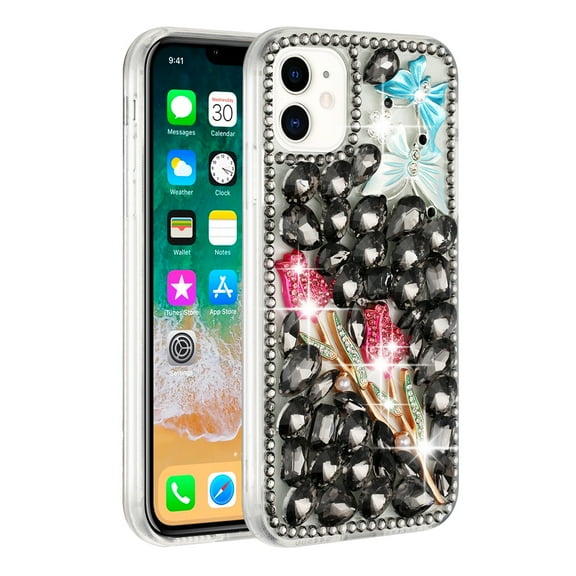 For Apple iPhone 13 (6.1") Bling Crystal 3D Full Diamonds Luxury Sparkle Rhinestone Hybrid Protective Cover ,Xpm Phone Case [ Smoke Exquisite Garden ]