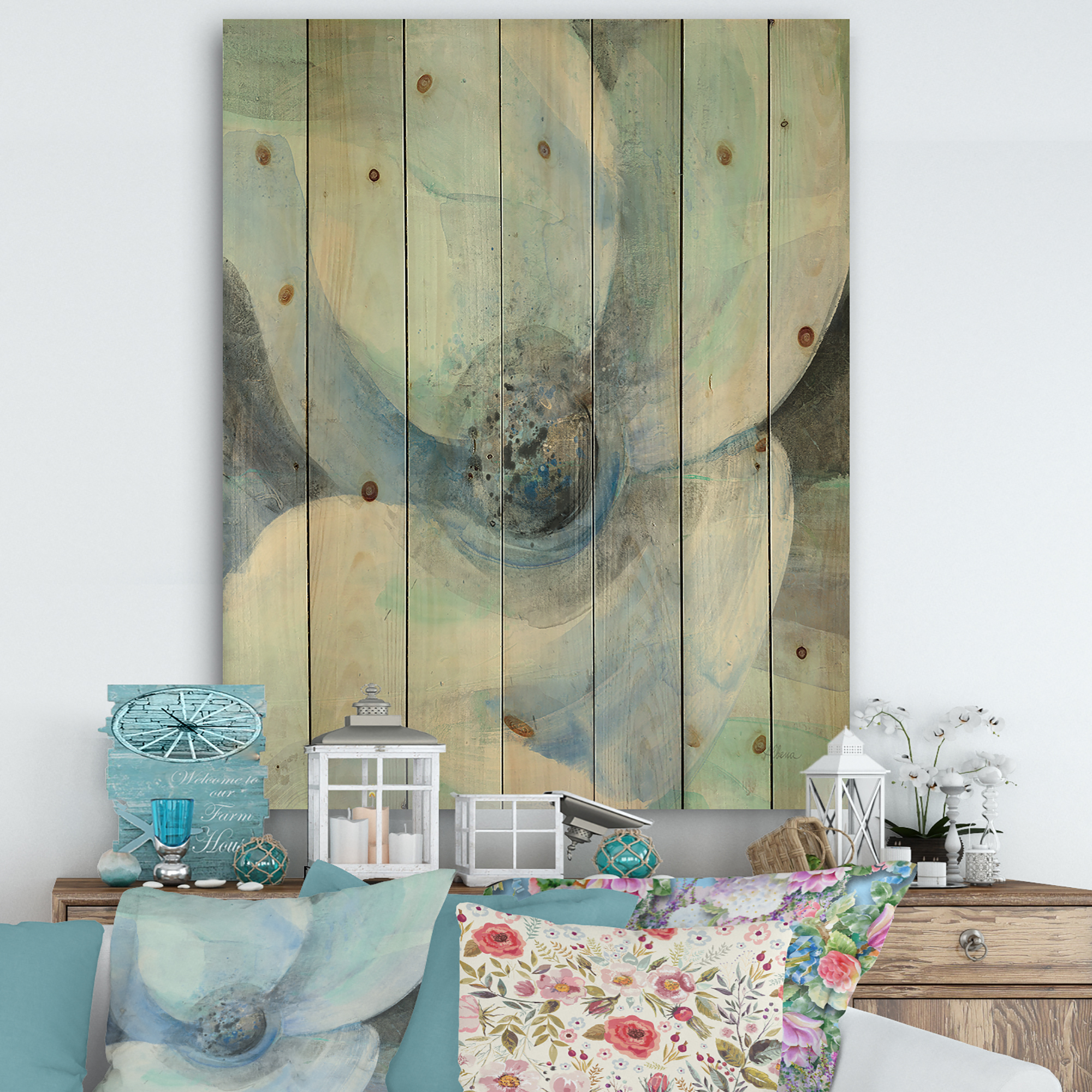 Designart 'Moonlight Watercolor Magnolia II' Farmhouse Print on Natural Pine Wood