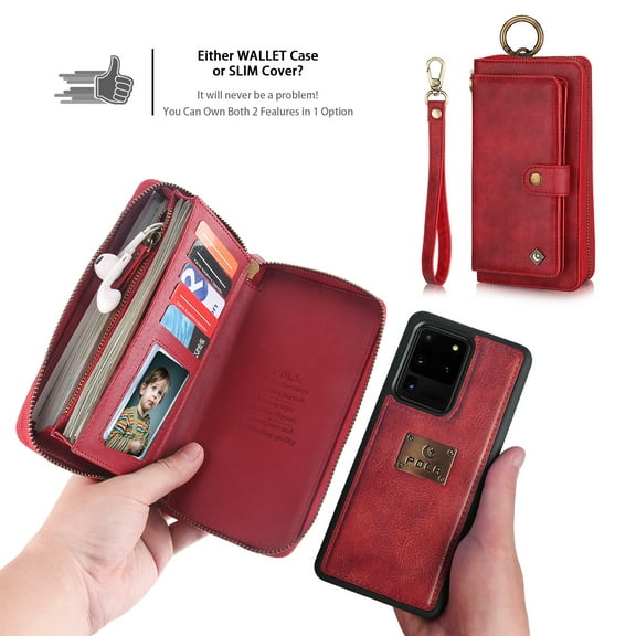 Feishell Galaxy S20 Ultra Wallet Case, Multi-Functional Premium Leather Folio Removable Cover with Zip Purse ID Credit Card Holder & Detachable Magnetic Case For Samsung Galaxy S20 Ultra, Red