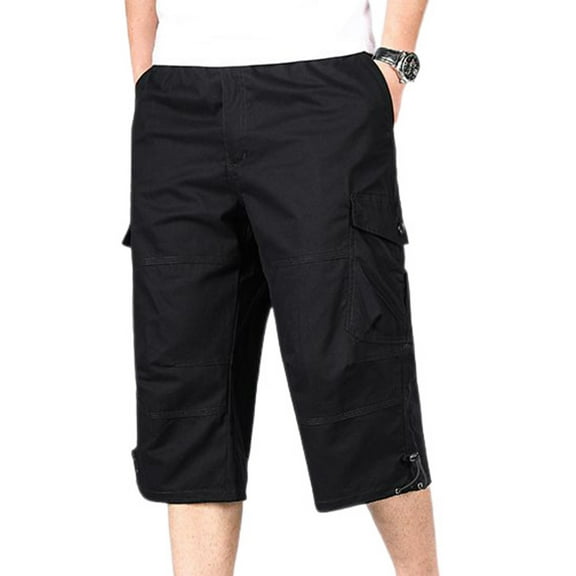 SWSMCLT Men's 100 Cotton Mid Rise Casual Drawstring Slimming Work Utility Pants Capris Pants Soft Cropped Pants Black Large