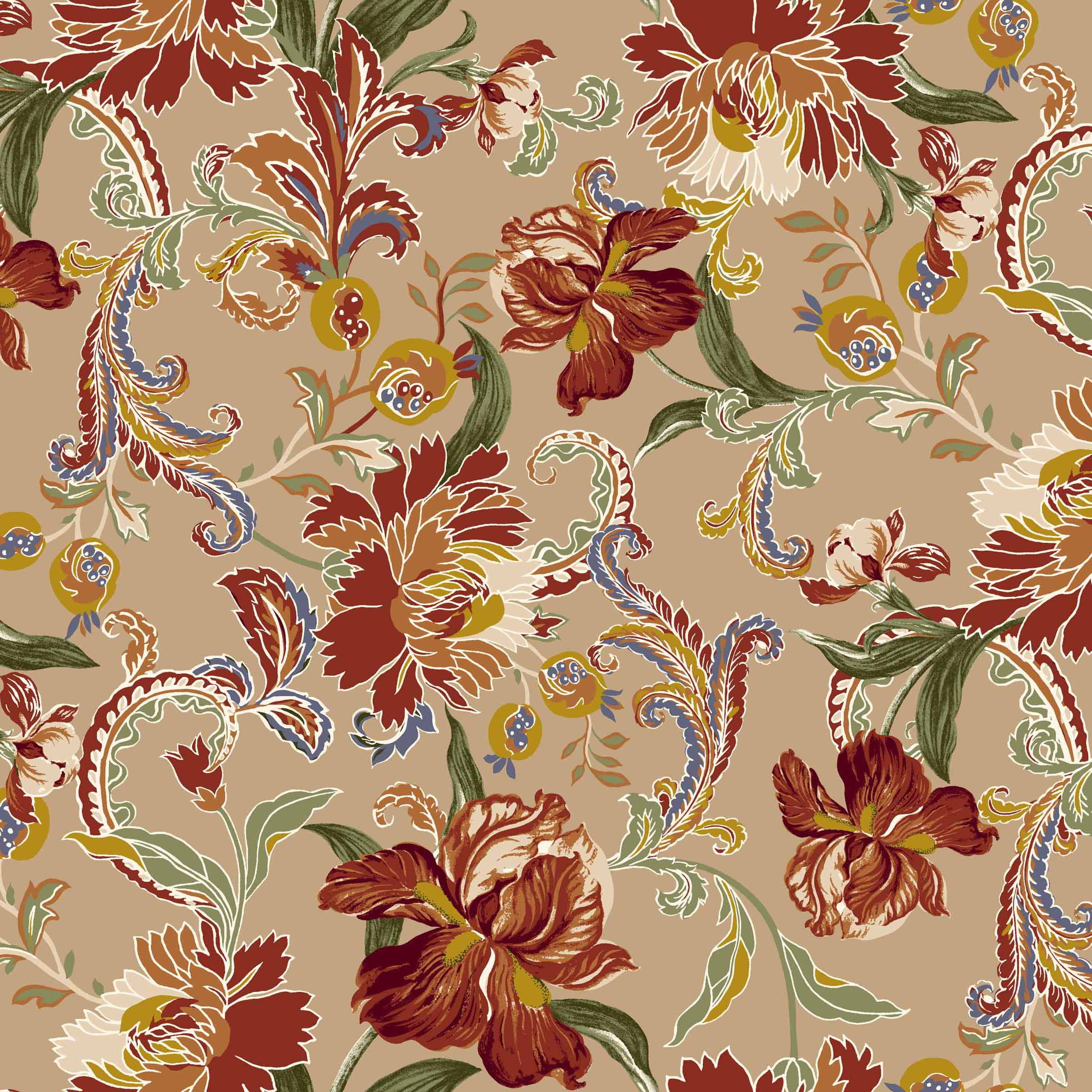 FREE SHIPPING!!! Camel Earth Red Orange Floral Jacobean Pattern Printed