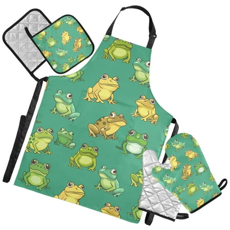 Ryvnso Cartoon Frog Kitchen Apron Oven Mitts Set Pot Holders