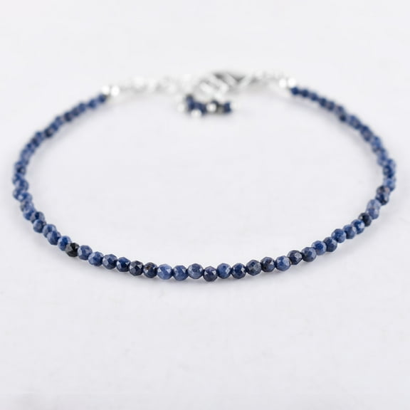 QNAVIC Natural Blue Sapphire Gemstone Micro Round Beads Dainty Bangle Bracelet Jewelry for Women Healing Chakra Crystals September Birthstone Birthday Gift for Her Silver Plated Chain 8 inch