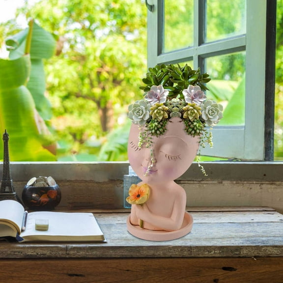 Face Planter Pot Head Planters, Lady Heads Flowerpot, Cute Girl Faces Plant Pot, Bust Statue Flower Pots, Round Women Succulent Pots for Indoor Outdoor Plants, Modern Vase with Drainage